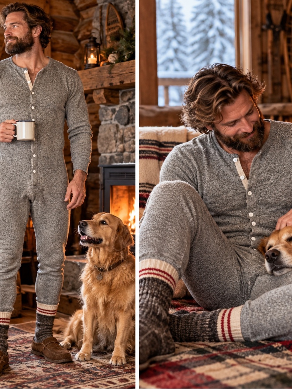 Men's Textured Henley Union Suit — Gray